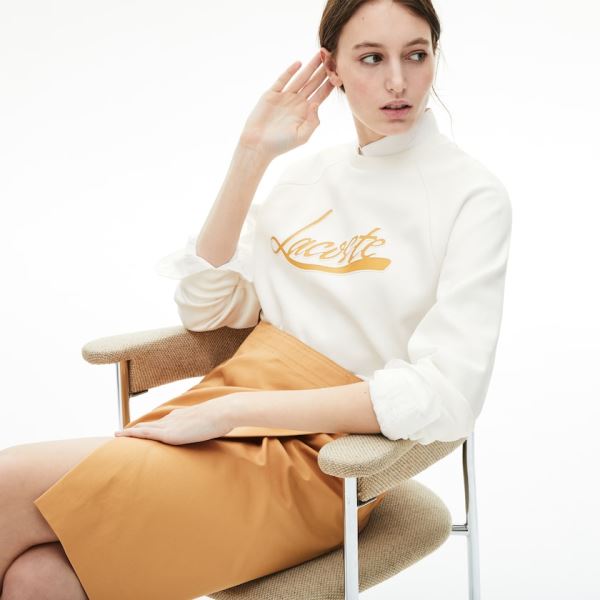 Lacoste Signature Print Crew Neck Sweatshirt - Mikiny Dámské Bílé / Světle Hnědé | CZ-C4k2kY